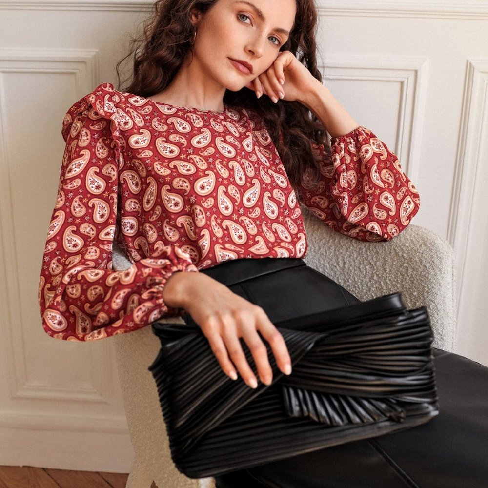 New Frenchy Paisley Print Ruffle Trim Blouse Red